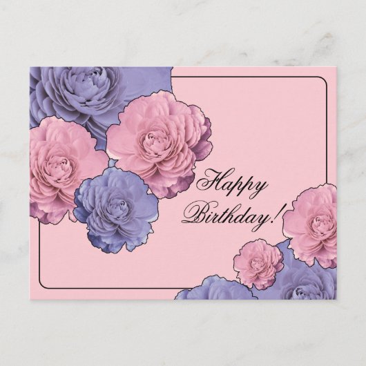 ピンクとパープルの花 楽しい誕生日 ポストカード (正面)