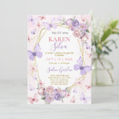 ピンクとパープルの蝶のキンセアニエラ招待状 招待状 (スタンド正面)