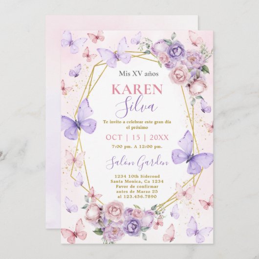 ピンクとパープルの蝶のキンセアニエラ招待状 招待状 (正面/裏面)