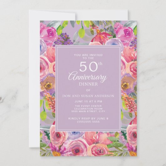 ピンクとパープルの野の花 50周年記念結婚式 招待状 (正面)