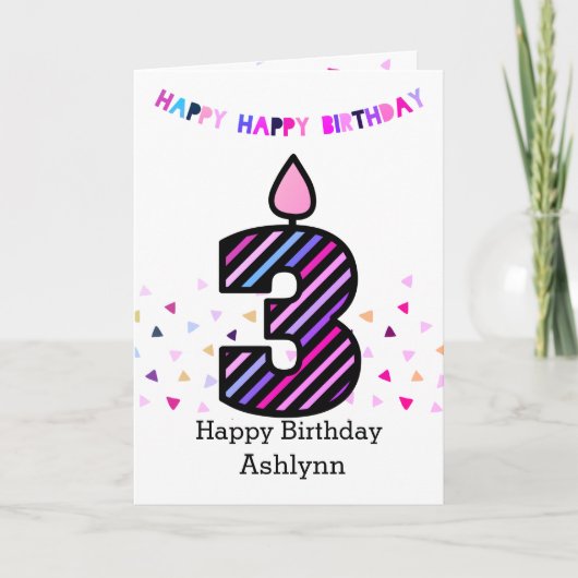 ピンクとパープルの3歳の誕生日 カード (正面)