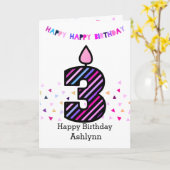ピンクとパープルの3歳の誕生日 カード (黄色い花)