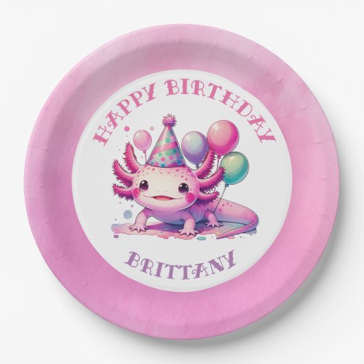 ピンクとパープルアクソロトルガールズバースデーパーティー ペーパープレート (正面)