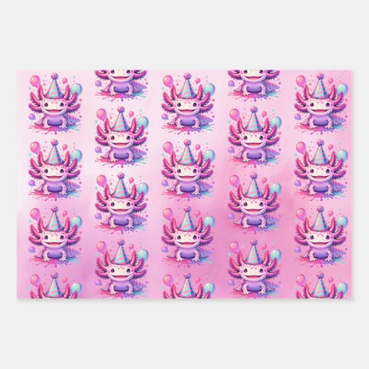 ピンクとパープルアクソロトルガールズバースデーパーティー ラッピングペーパーシート (正面2)