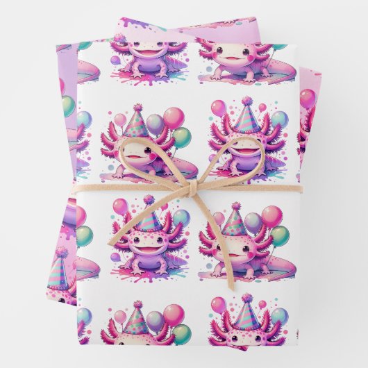 ピンクとパープルアクソロトルガールズバースデーパーティー ラッピングペーパーシート (インサイチュ)