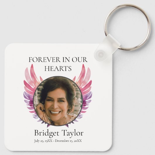 ピンクとパープルエンジェルウィングズ葬儀フォトメモリアル キーホルダー (裏面)