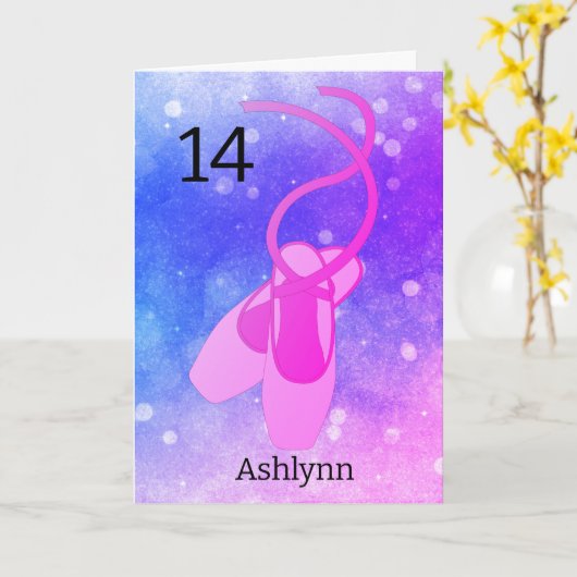 ピンクとパープルバレエ14誕生日カード カード (黄色い花)