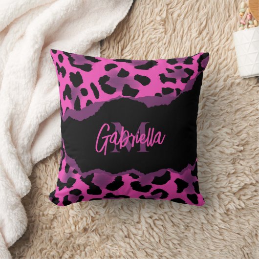 ピンクとパープルヒョウのプリント クッション (ブランケット)