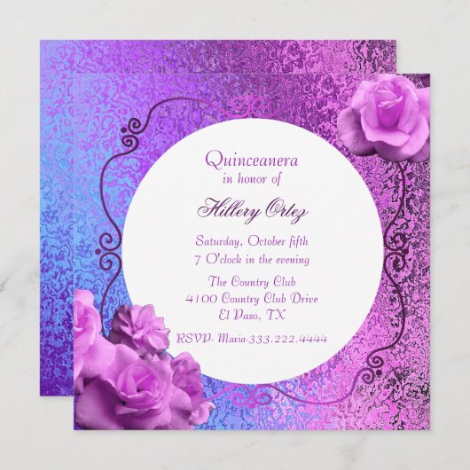 ピンクとパープルフォイルルックキンセアニェラ招待状 招待状 (正面/裏面)