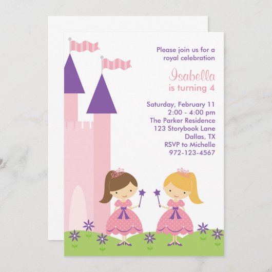 ピンクとパープルプリンセス招待状 招待状 (正面/裏面)