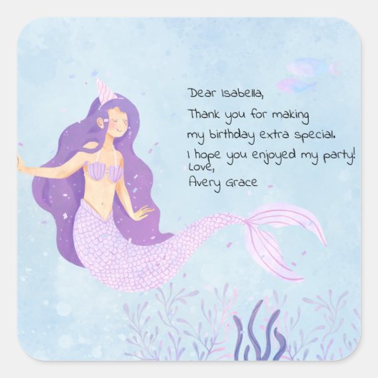 ピンクとパープルマーメイド誕生日ありがとう スクエアシール (正面)