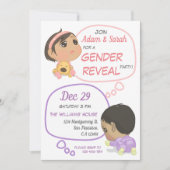 ピンクとパープル漫画ベビージェンダーリビール 招待状 (正面)