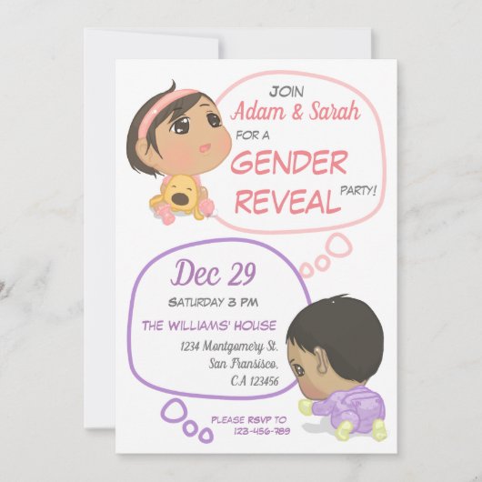 ピンクとパープル漫画ベビージェンダーリビール 招待状 (正面)