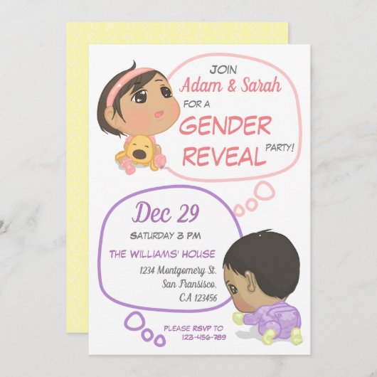 ピンクとパープル漫画ベビージェンダーリビール 招待状 (正面/裏面)