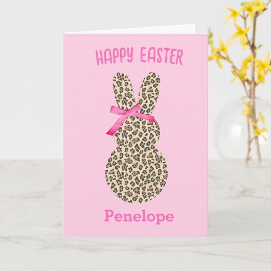 ピンクとヒョウのイースターバニーピンクの弓 カード (黄色い花)