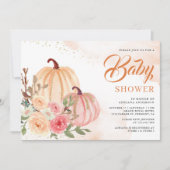 ピンクとピーチのポンプキンフローラル秋のベイビーシャワー 招待状 (正面)