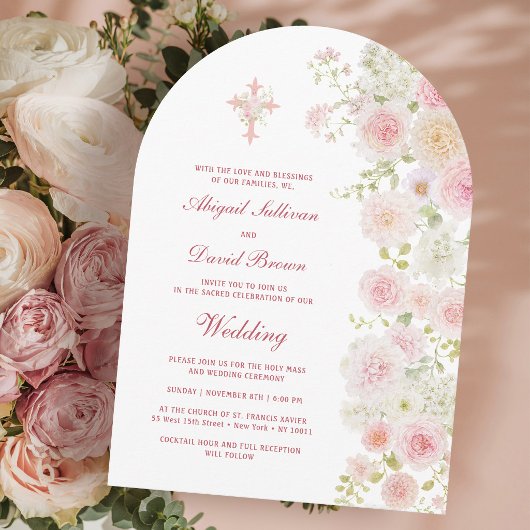 ピンクとピーチの花のアーチの宗教的な結婚式 招待状