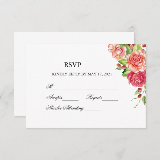 ピンクとピーチの花の結婚式返信 出欠カード (正面/裏面)