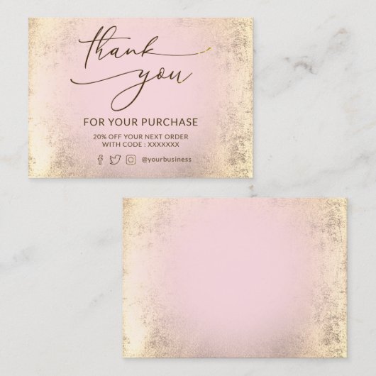 ピンクとフェイク金ゴールド箔サンキューカード 名刺 (正面/裏面)