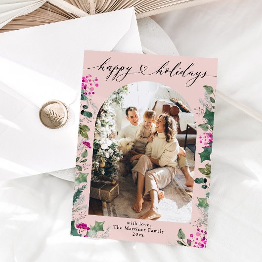 ピンクとフェスティブなハッピーホリデー写真カード シーズンカード
