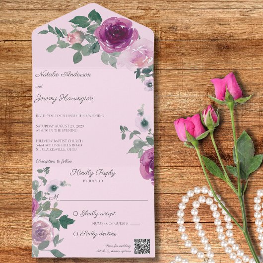 ピンクとフクシアのバラが飾られたピンクのQRコード オールインワン招待状