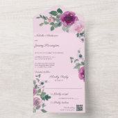 ピンクとフクシアのバラが飾られたピンクのQRコード オールインワン招待状 (内側)