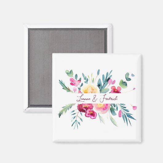 ピンクとフシヤの水色フローラカスタムウェディング マグネット (正面/裏面)