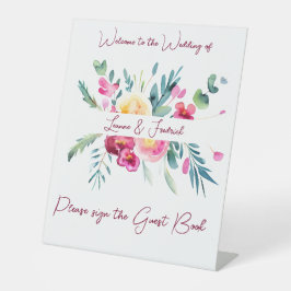 ピンクとフシヤの水色フローラカスタムウェディング 台座サイン