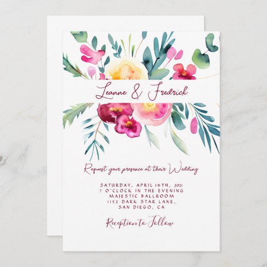 ピンクとフシヤの水色フローラカスタムウェディング 招待状 (正面/裏面)