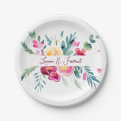 ピンクとフューシャの水彩花のカスタムウェディング ペーパープレート (正面)
