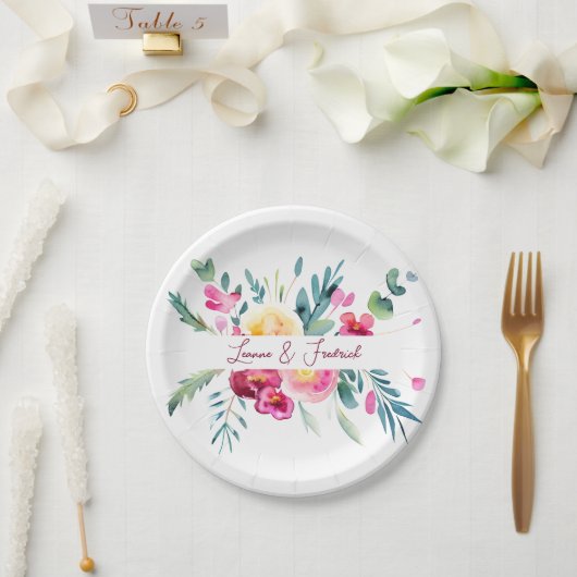 ピンクとフューシャの水彩花のカスタム結婚式 ペーパープレート (ウェディング)
