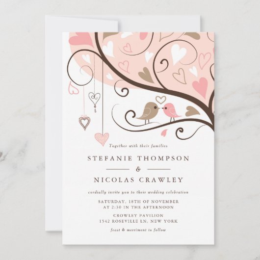 ピンクとブラウンお洒落のロバ結婚バード 招待状 (正面)