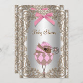 ピンクとブラウンのアフリカ系アメリカ人 女の子のベビーシャワー 招待状 (正面/裏面)