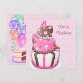 ピンクとブラウンのケーキ 女の子の4歳の誕生日パーティー 招待状 (正面/裏面)