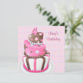 ピンクとブラウンのケーキ 女の子の4歳の誕生日パーティー 招待状 (スタンド正面)
