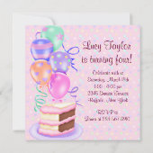 ピンクとブラウンのケーキ 女の子の4歳の誕生日パーティー 招待状 (裏面)