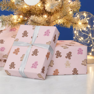 ピンクとブラウンのジンジャーブレッドマンピンクのクリスマス ラッピングペーパー