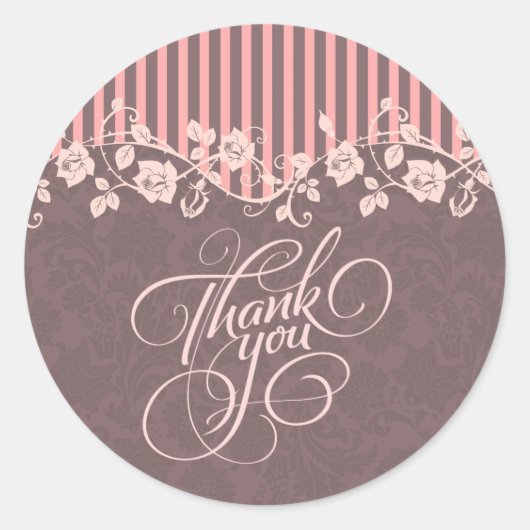 ピンクとブラウンのストライプフローラ&レースありがとう ラウンドシール (正面)