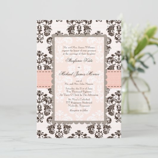 ピンクとブラウンのダマスク結婚式の招待状 招待状 (スタンド正面)