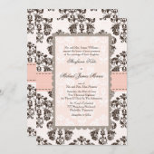 ピンクとブラウンのダマスク結婚式招待状 招待状 (正面/裏面)