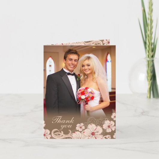 ピンクとブラウンのハイビスカス花の結婚式の写真にお礼 サンキューカード (正面)
