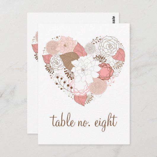 ピンクとブラウンのハートの花 テーブルナンバー ポストカード (正面/裏面)
