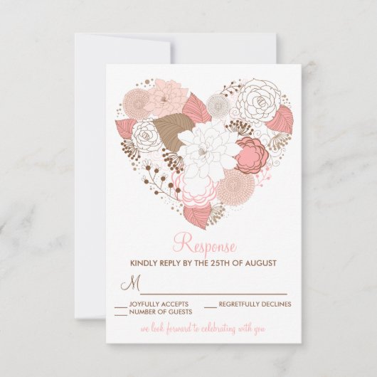 ピンクとブラウンのハートの花 結婚式出欠確認カード 出欠カード (正面)