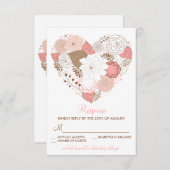ピンクとブラウンのハートの花 結婚式出欠確認カード 出欠カード (正面/裏面)