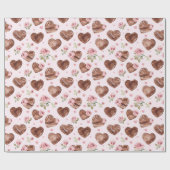 ピンクとブラウンのバラの花束 ハート ウェディング ラッピングペーパー (フラット)