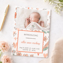 ピンクとブラウンのフローラハートベビーのお知らせ 招待状