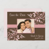 ピンクとブラウンのフローラ日付の写真ポストカードを保存 案内ポストカード (正面/裏面)