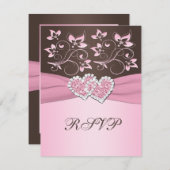 ピンクとブラウンのフローラ結合ハートRSVPカード 出欠カード (正面/裏面)