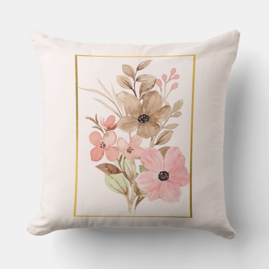 ピンクとブラウンのフローラ装飾用クッションと金ゴールドフレーム クッション (正面)