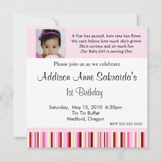 ピンクとブラウンのベビーガール1歳の誕生日招待状 招待状 (裏面)